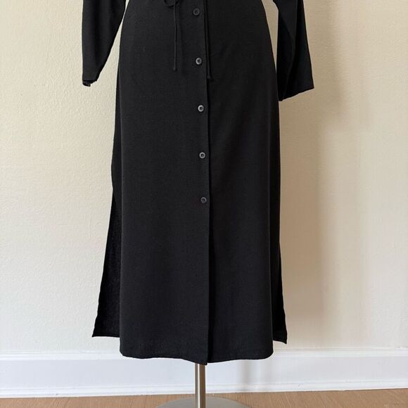 Ozma Mal Pais Duster Dress Size Large Black Raw Silk Cupro Button Front Belted - Picture 5 of 14